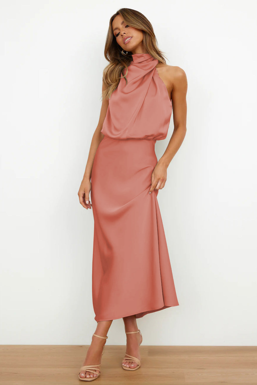 Helena™ | Long Satin Dress with Halter Neckline