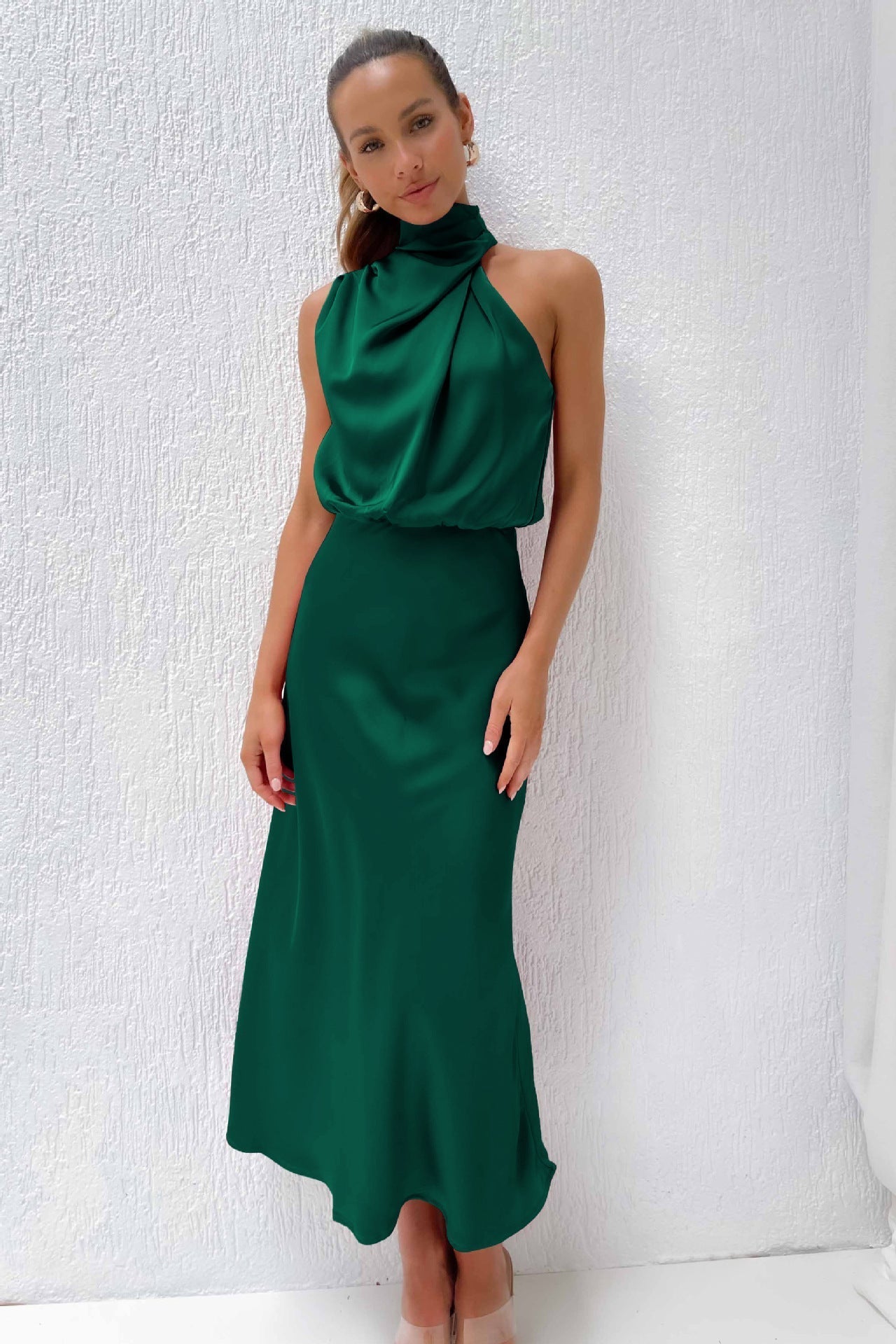 Helena™ | Long Satin Dress with Halter Neckline