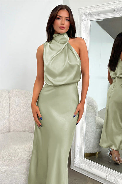 Helena™ | Long Satin Dress with Halter Neckline