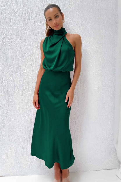 Helena™ | Long Satin Dress with Halter Neckline